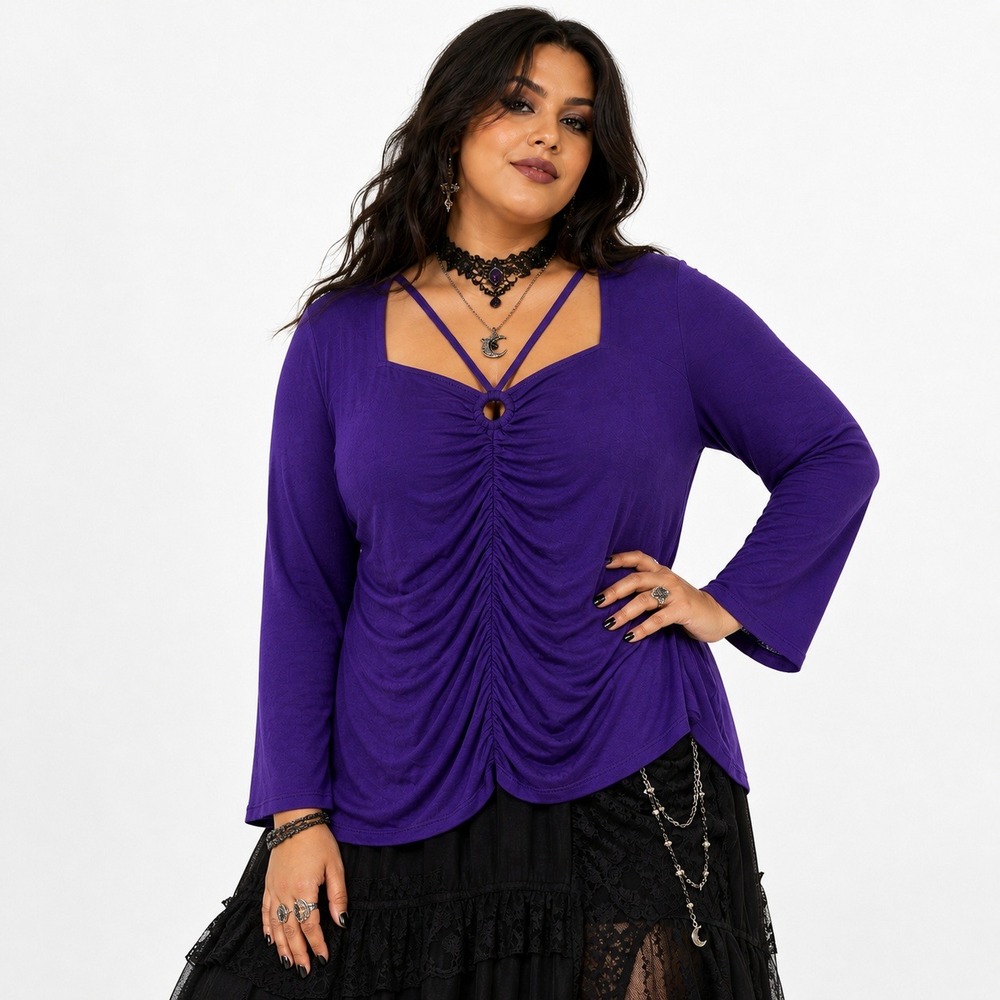 Ashley Stewart Ruched O-Ring Solid Knit Top Purple Strappy Whimsigoth Size 14/16
